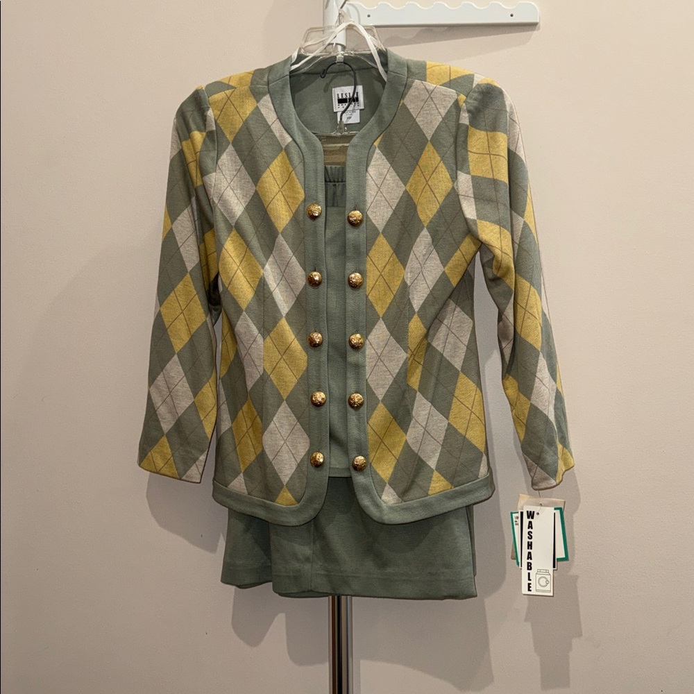 Leslie Fay Mint Green, Yellow & Cream Argyle Knit Cardigan and Skirt Plaid Set